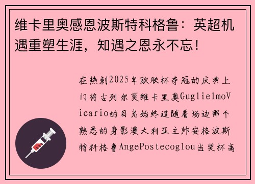 维卡里奥感恩波斯特科格鲁：英超机遇重塑生涯，知遇之恩永不忘！